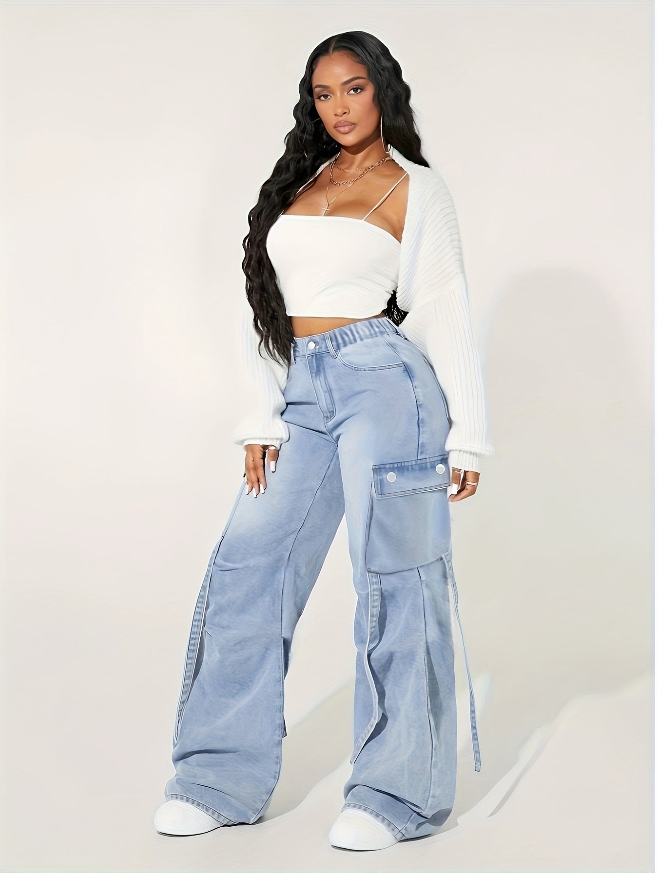 Jeans cargo taille haute à jambes larges pour femmes - ceinture élastique extensible, multiples poches