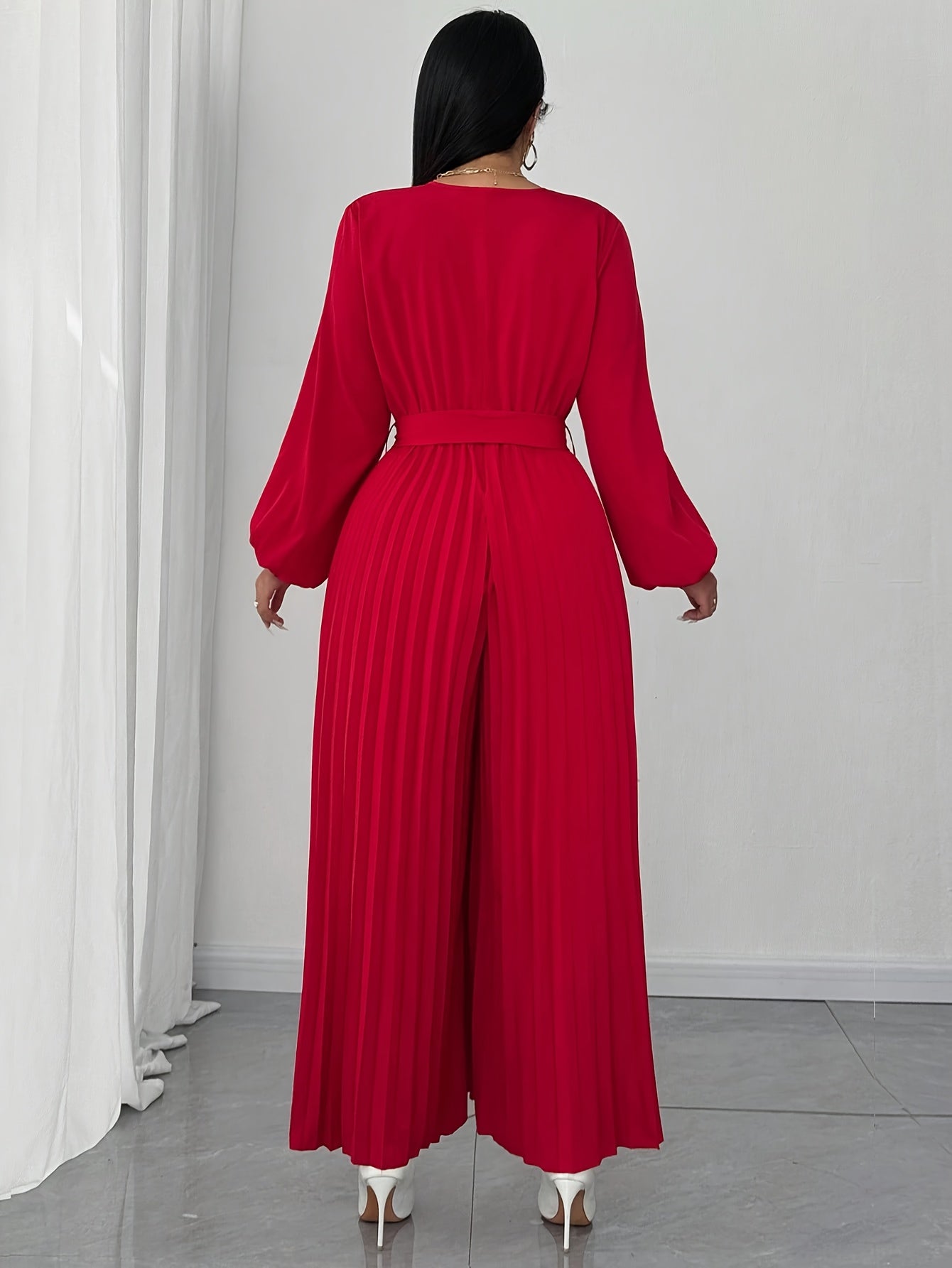 Combinaison femme grande taille , col V, manches longues, taille ajustable et pantalon plissé à Jambes Larges