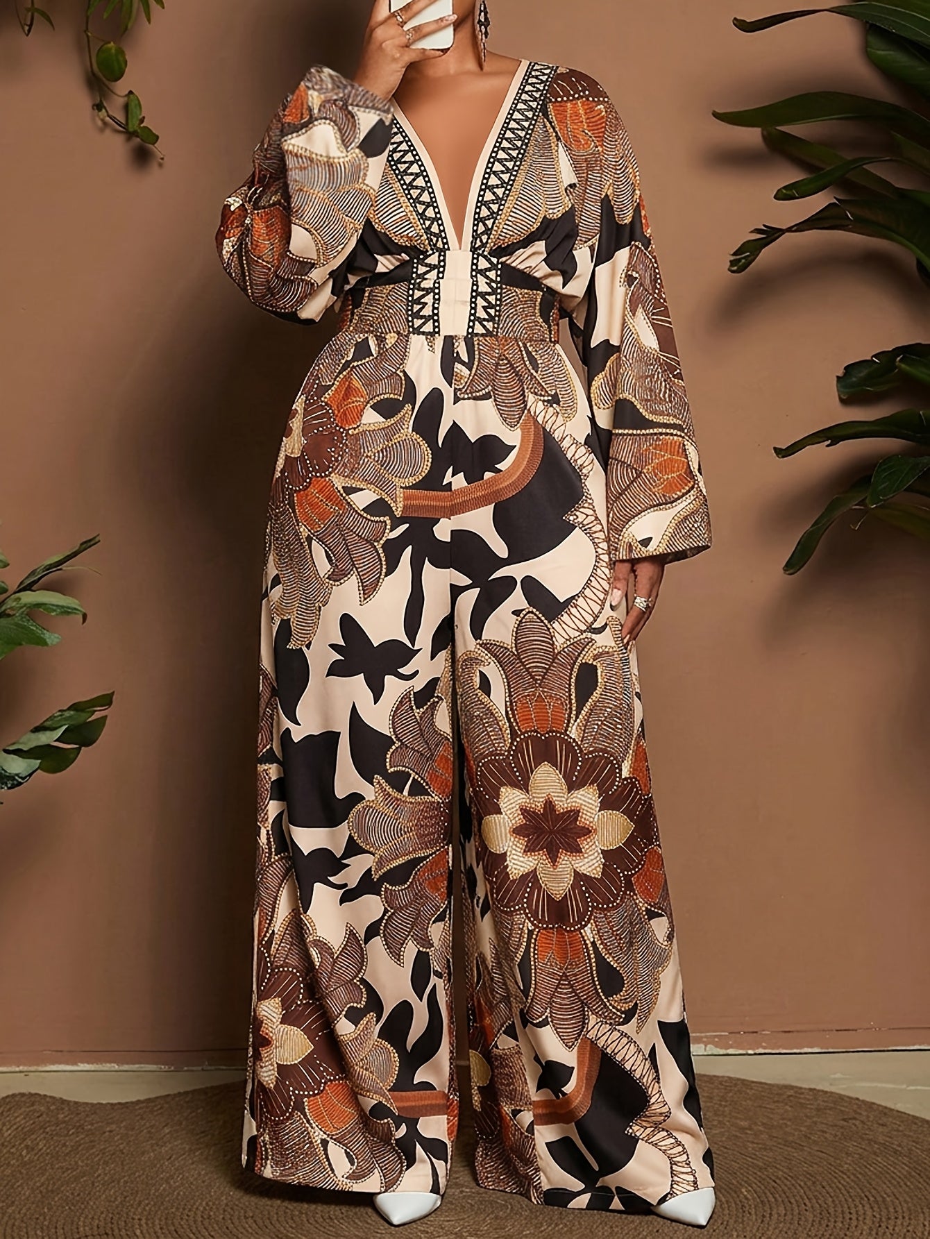 Combinaison Femme Imprimé bohème col en V profond, Jambes larges