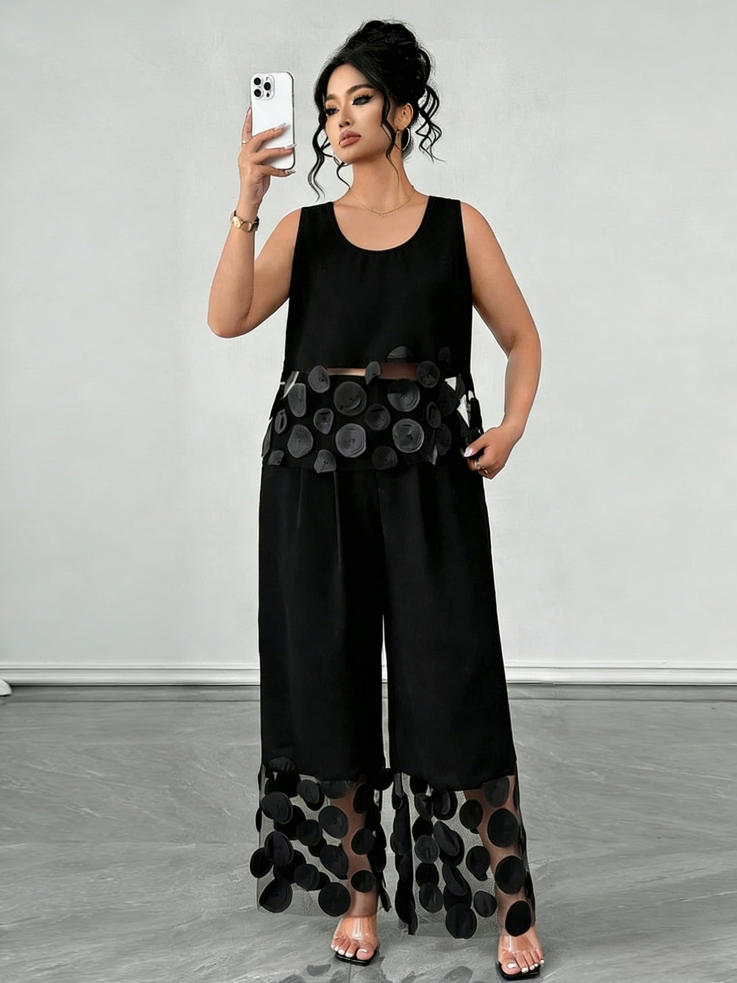 Ensemble 2 pièces grande taille pour femme : haut élégant sans manches à col rond de couleur unie + pantalon décontracté ample avec bordure en résille