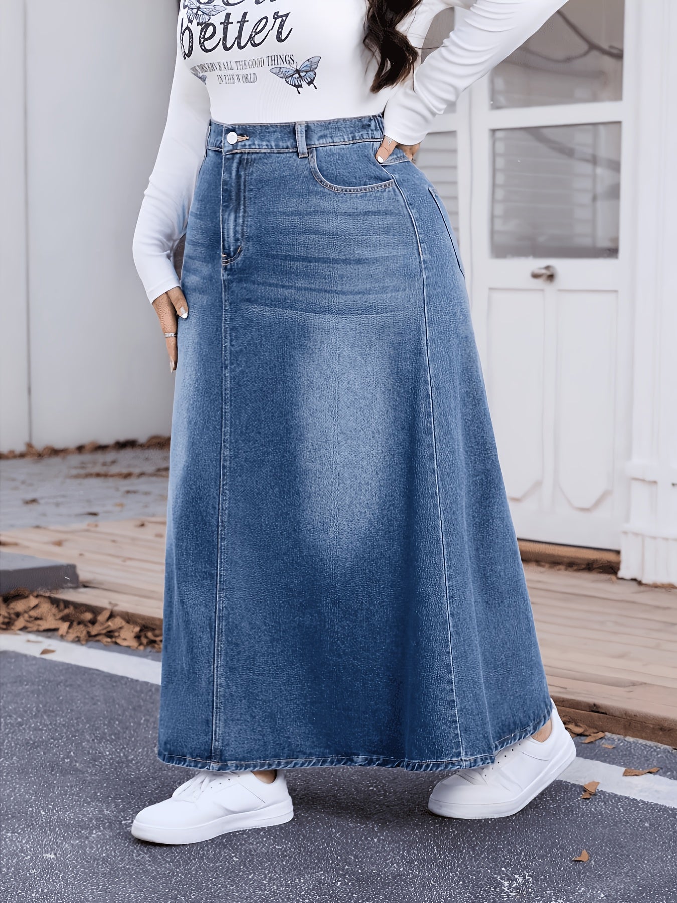 Jupe en jean délavé , pour femme grande taille, style printanier