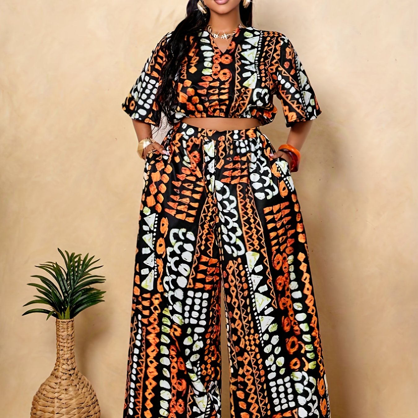 Ensemble 2 pièces grande taille pour femme : haut d'été imprimé tropical et col en V, pantalon à jambes larges et allongées
