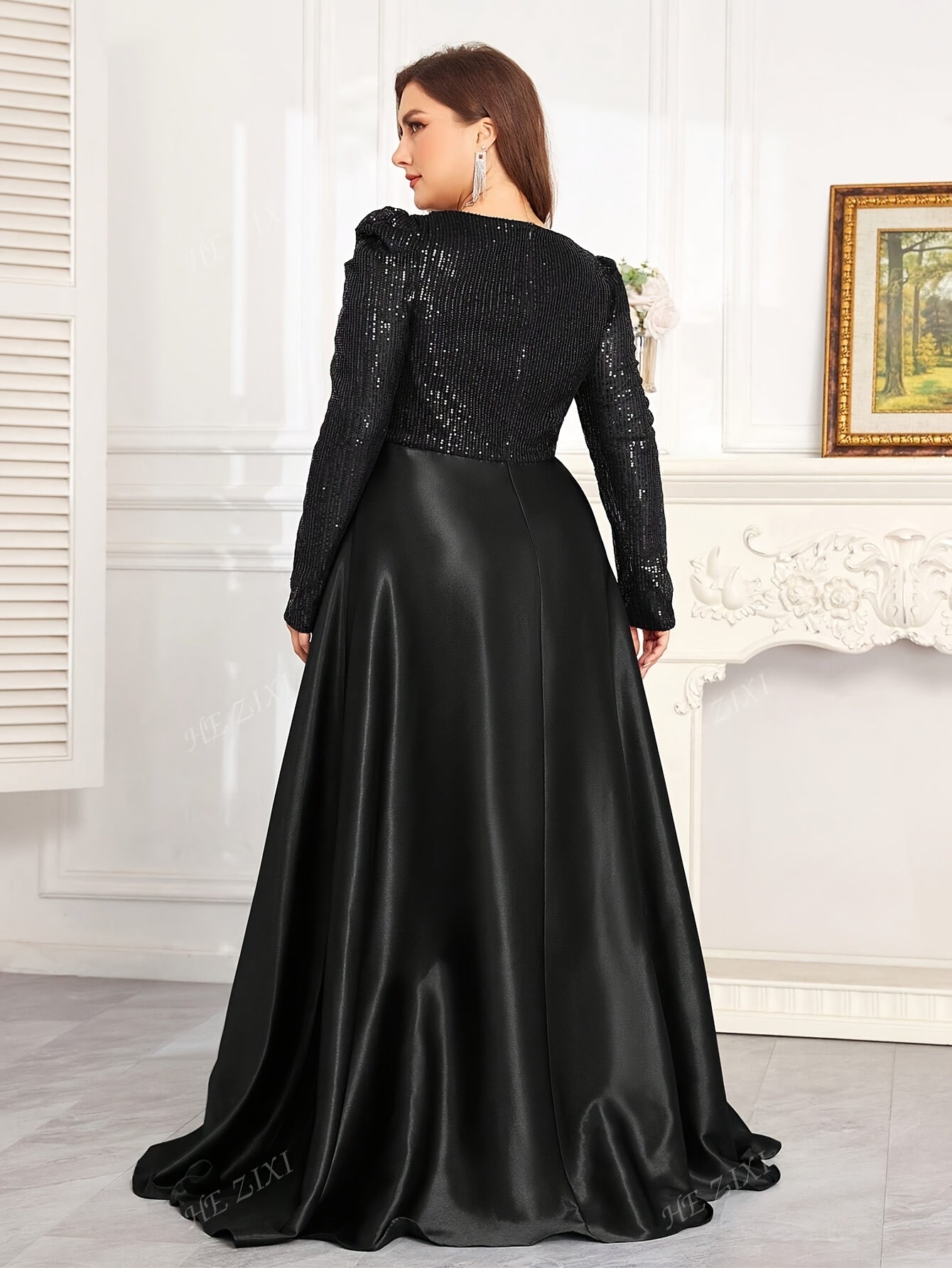 Robe de soirée col rond pour femme, grande taille, manches longues.