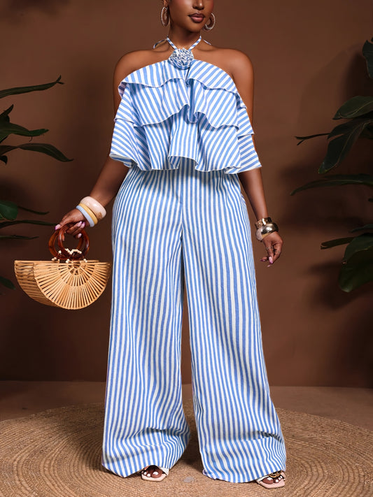 Combinaison pantalon rayée contrasté décontracté élégant col halter