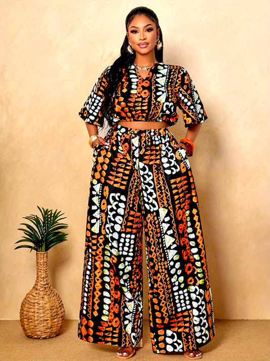 Ensemble 2 pièces grande taille pour femme : haut d'été imprimé tropical et col en V, pantalon à jambes larges et allongées