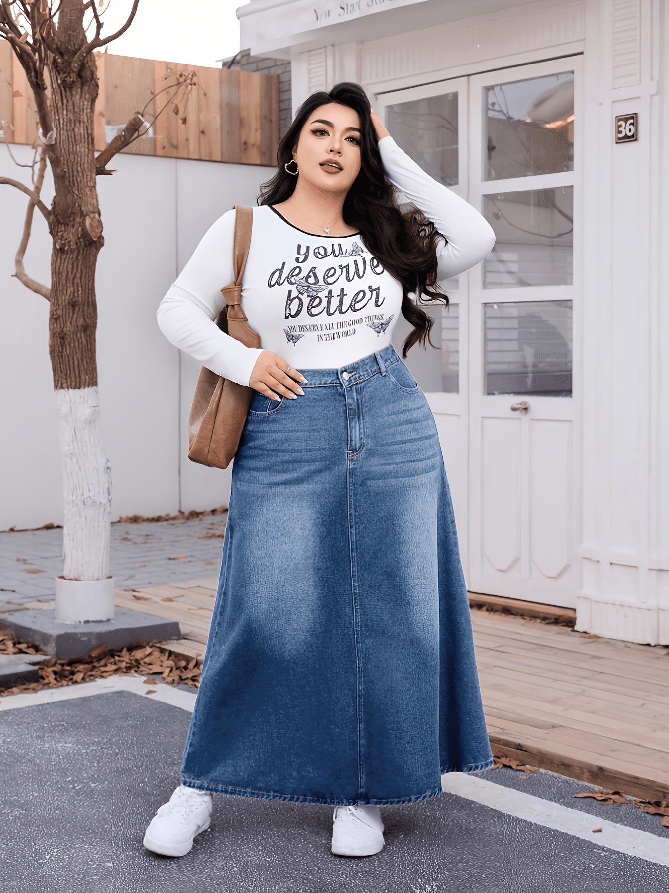 Jupe en jean délavé , pour femme grande taille, style printanier