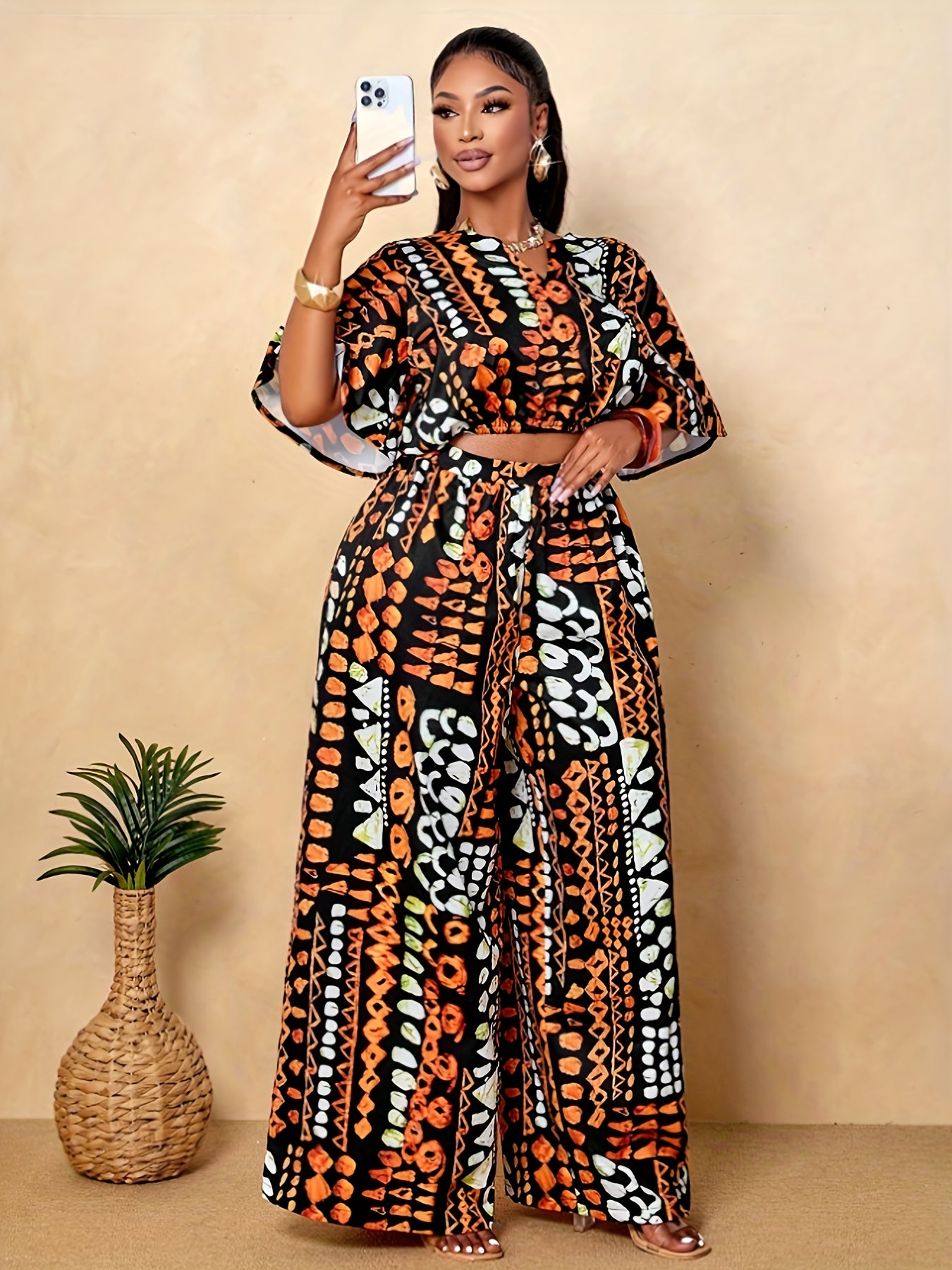 Ensemble 2 pièces grande taille pour femme : haut d'été imprimé tropical et col en V, pantalon à jambes larges et allongées