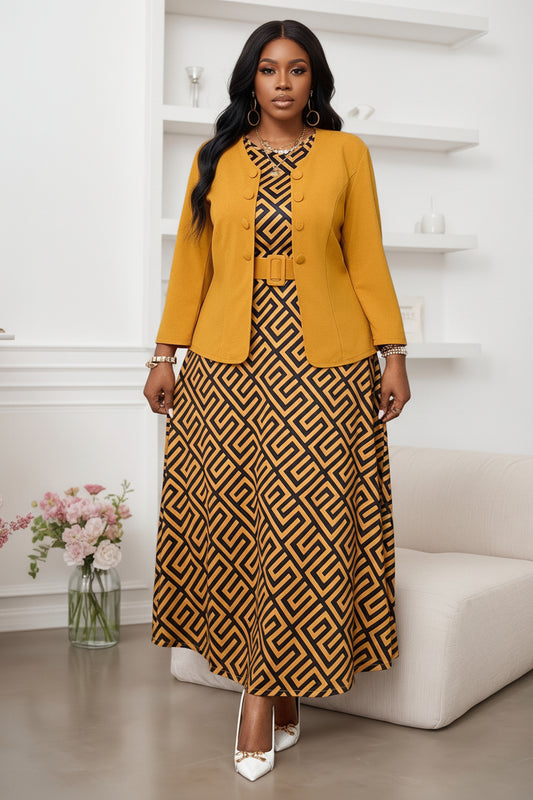 Veste cardigan élégante à manches longues pour femme grande taille + Robe longue sans manches à col rond et taille cintrée