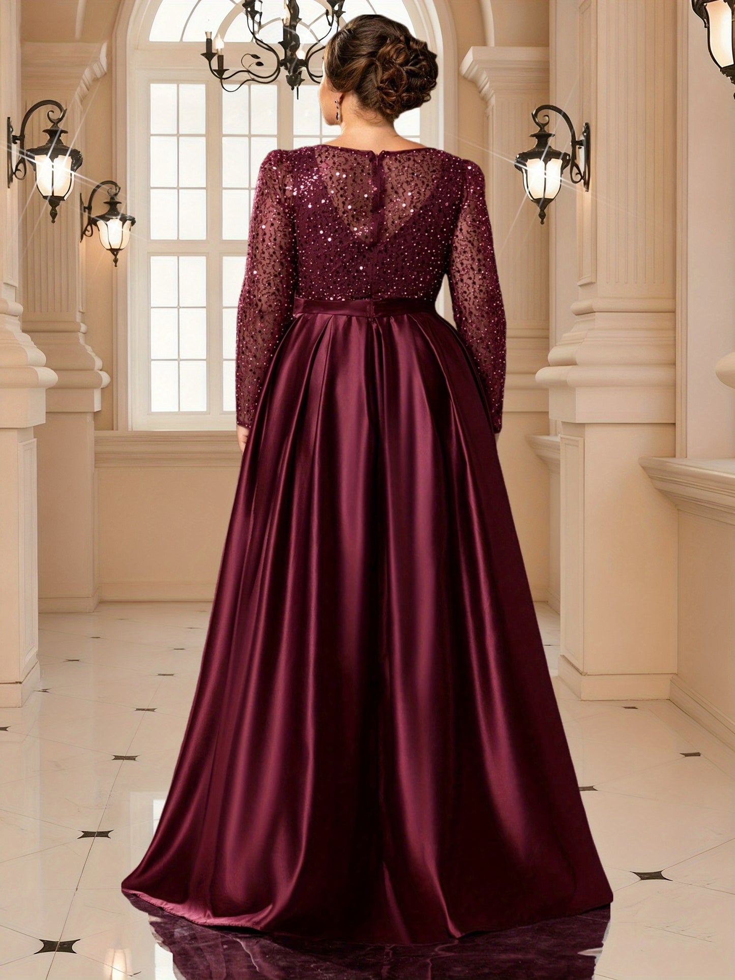 Robe de soirée en satin, col en V avec bordure en dentelle à paillettes ,