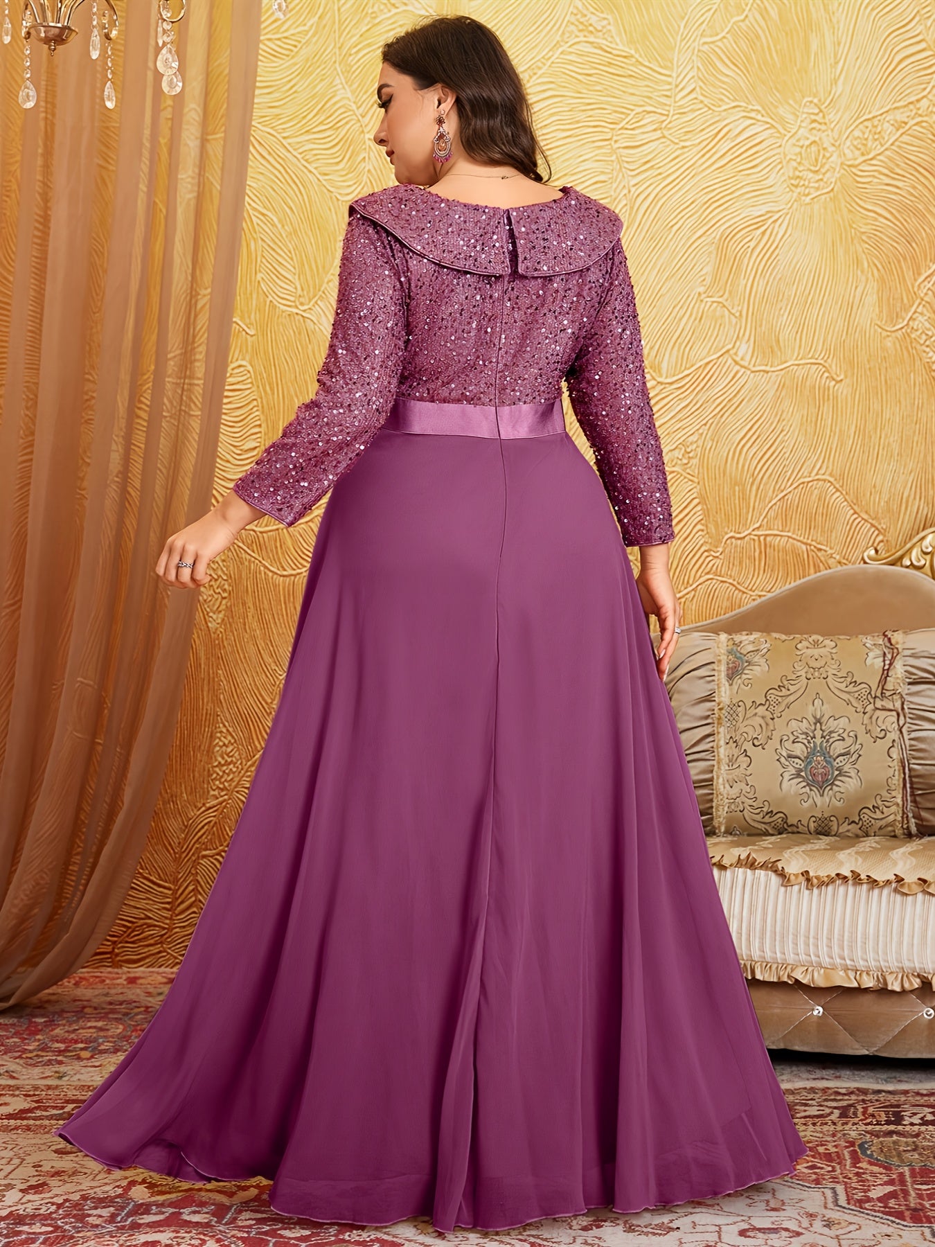 Robe Longue à Sequins et soie, Col en V, Manches 3/4, Grande Taille