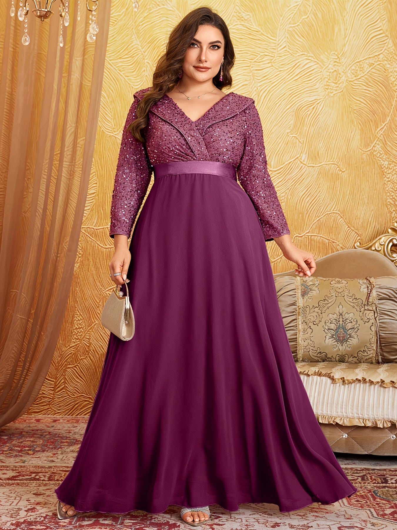 Robe Longue à Sequins et soie, Col en V, Manches 3/4, Grande Taille