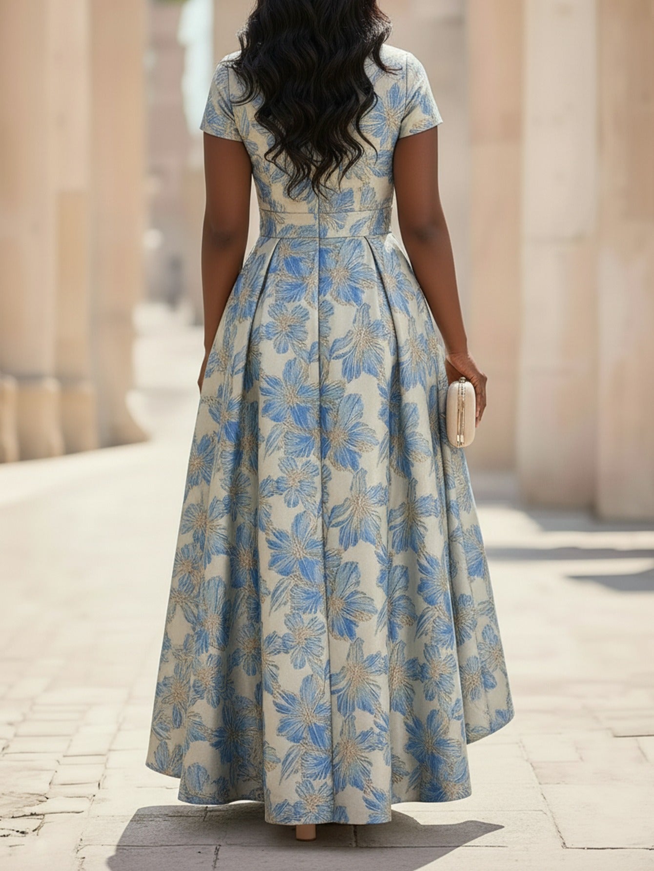 Robe élégante et cintrée à la taille pour femme, coupe ajustée, manches courtes et col rond