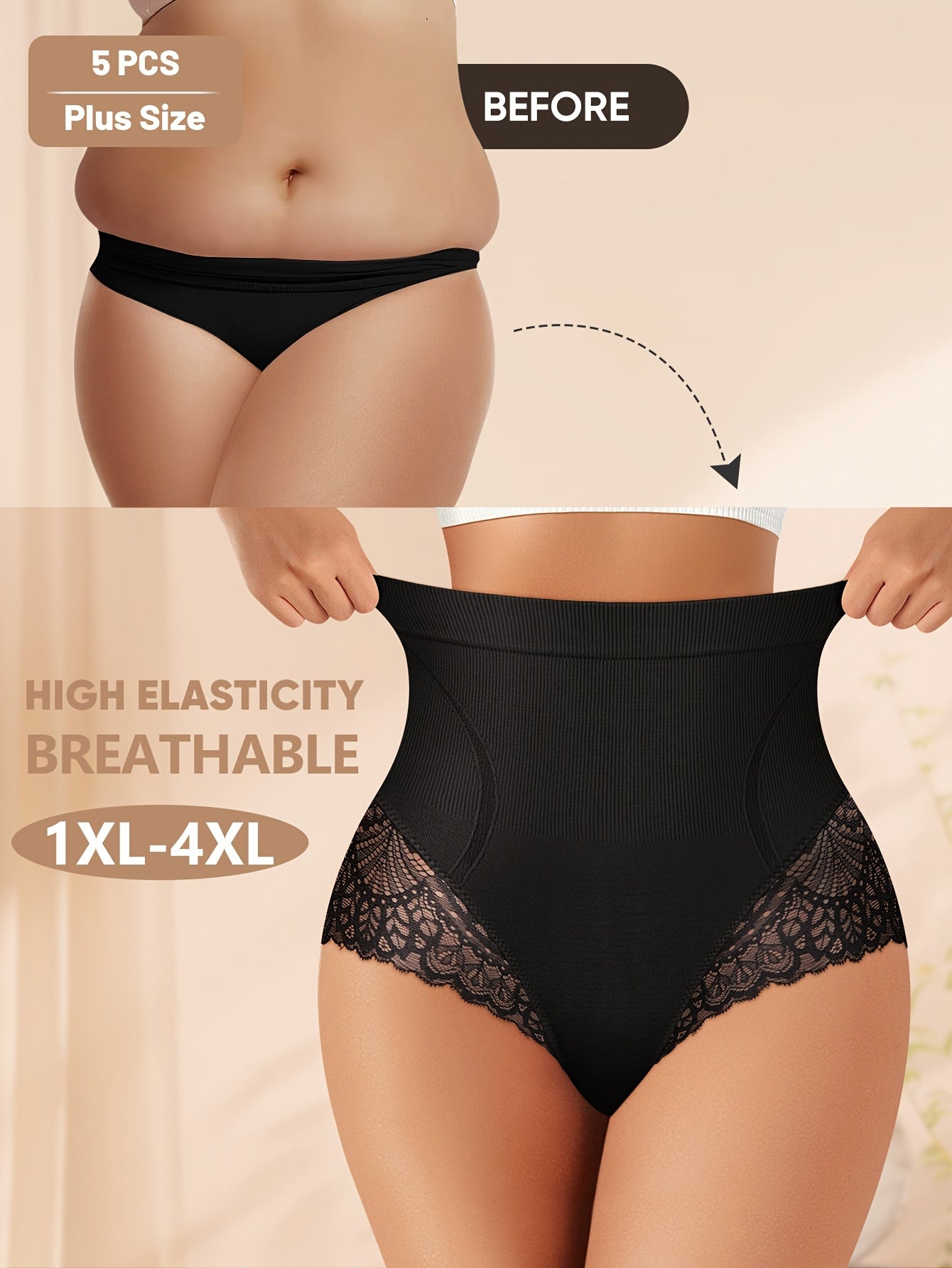 Lot de 5 culottes taille haute ,grande taille pour femme, en lycra et dentelle.