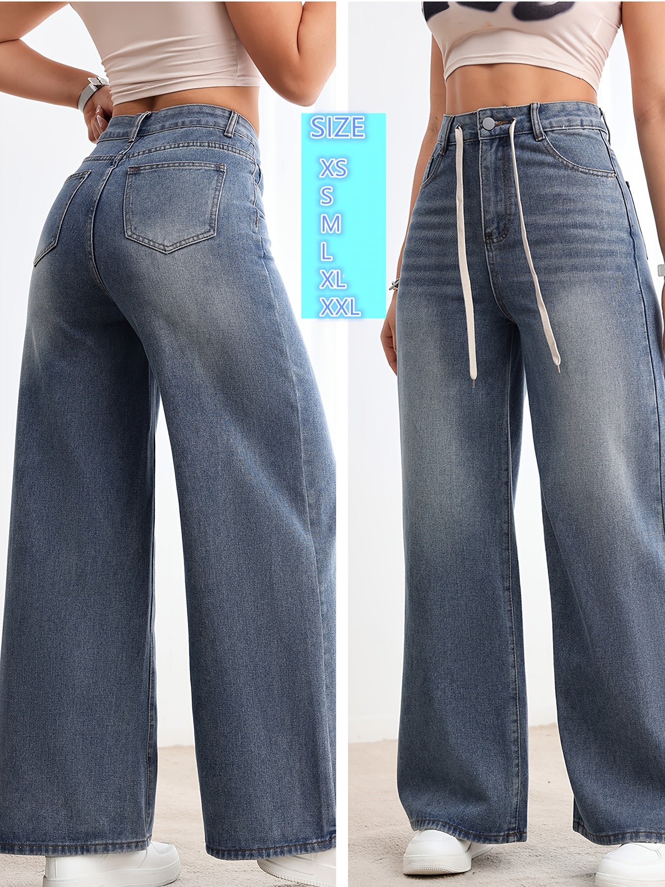 Pantalon en jean pour femme, taille haute et jambes larges ,effet délavé avec cordon de serrage à la taille (Disponible en plusieurs tailles de XS à XXL)