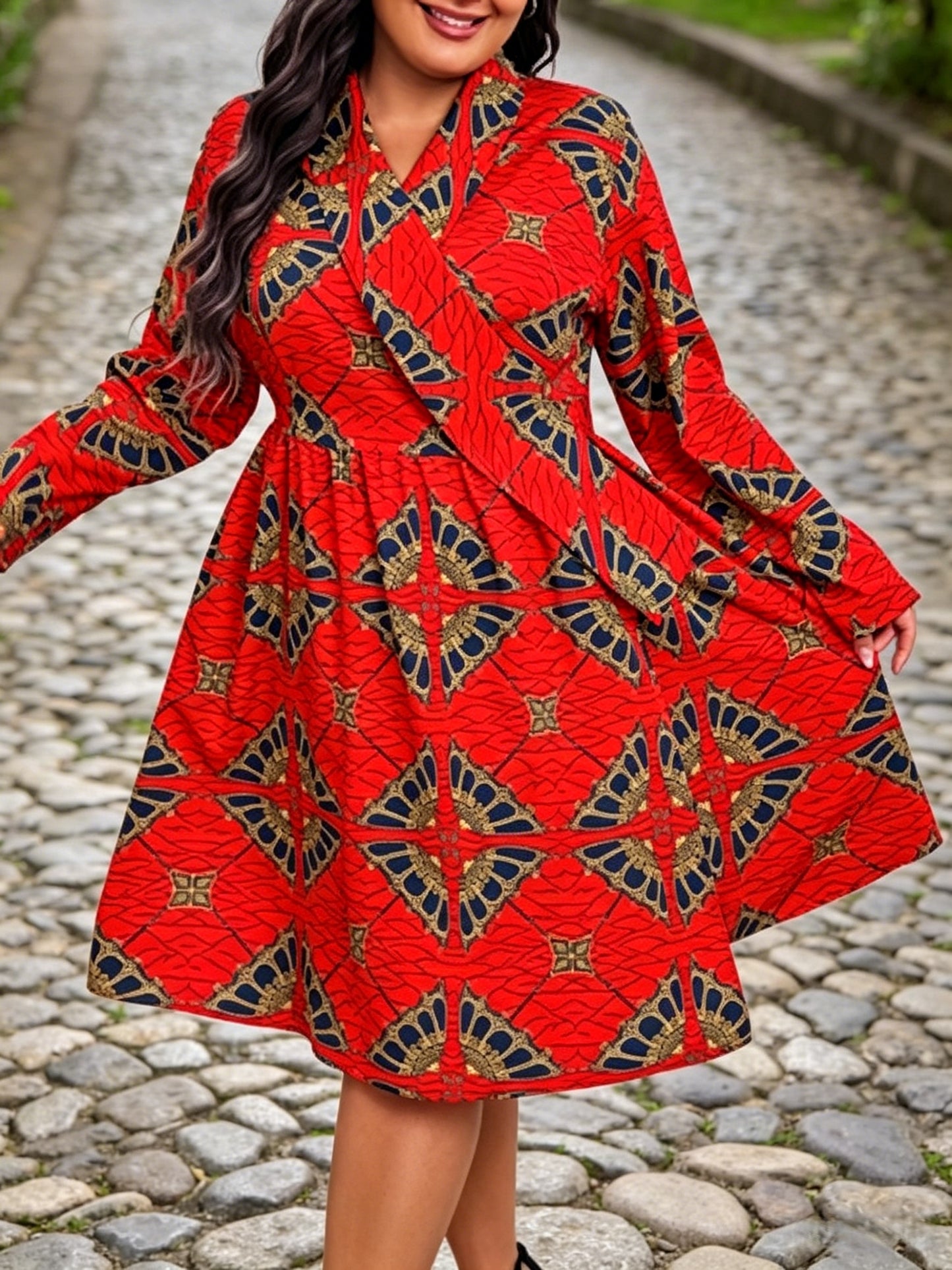 Robe Afro-Américaine Dashiki grande taille pour femme à imprimé cire - robe enveloppante à col en V et taille haute, manches longues