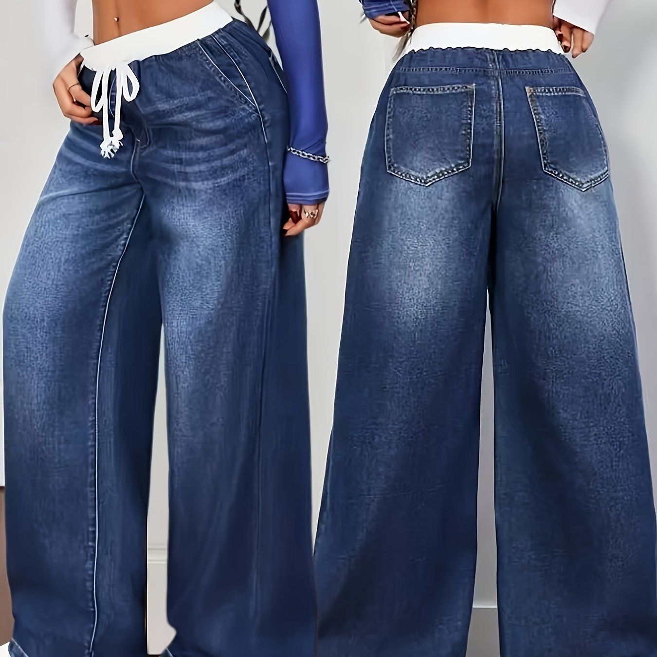 Pantalon Jean ample pour femmes, taille élastique avec cordon de serrage