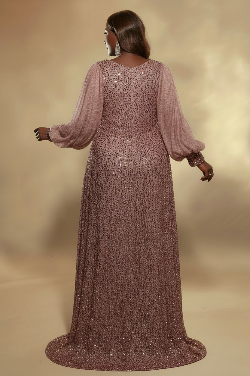 Grande Taille Robe de soirée élégante à sequins, manches lanternes longues et col en V pour femmes