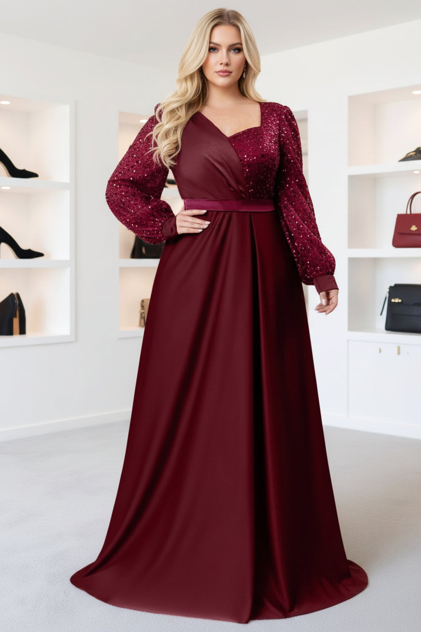Grande Taille - Robe en Satin Patchwork de Dentelle à Sequins pour Femmes