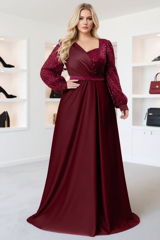 Grande Taille - Robe en Satin Patchwork de Dentelle à Sequins pour Femmes