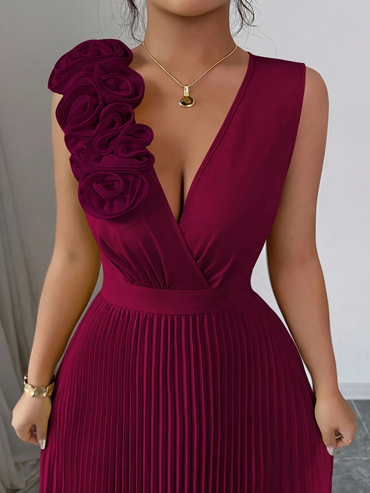 Robe plissée ,à Col en V, Taille Cintrée, et Florale, Coupe Trapèze