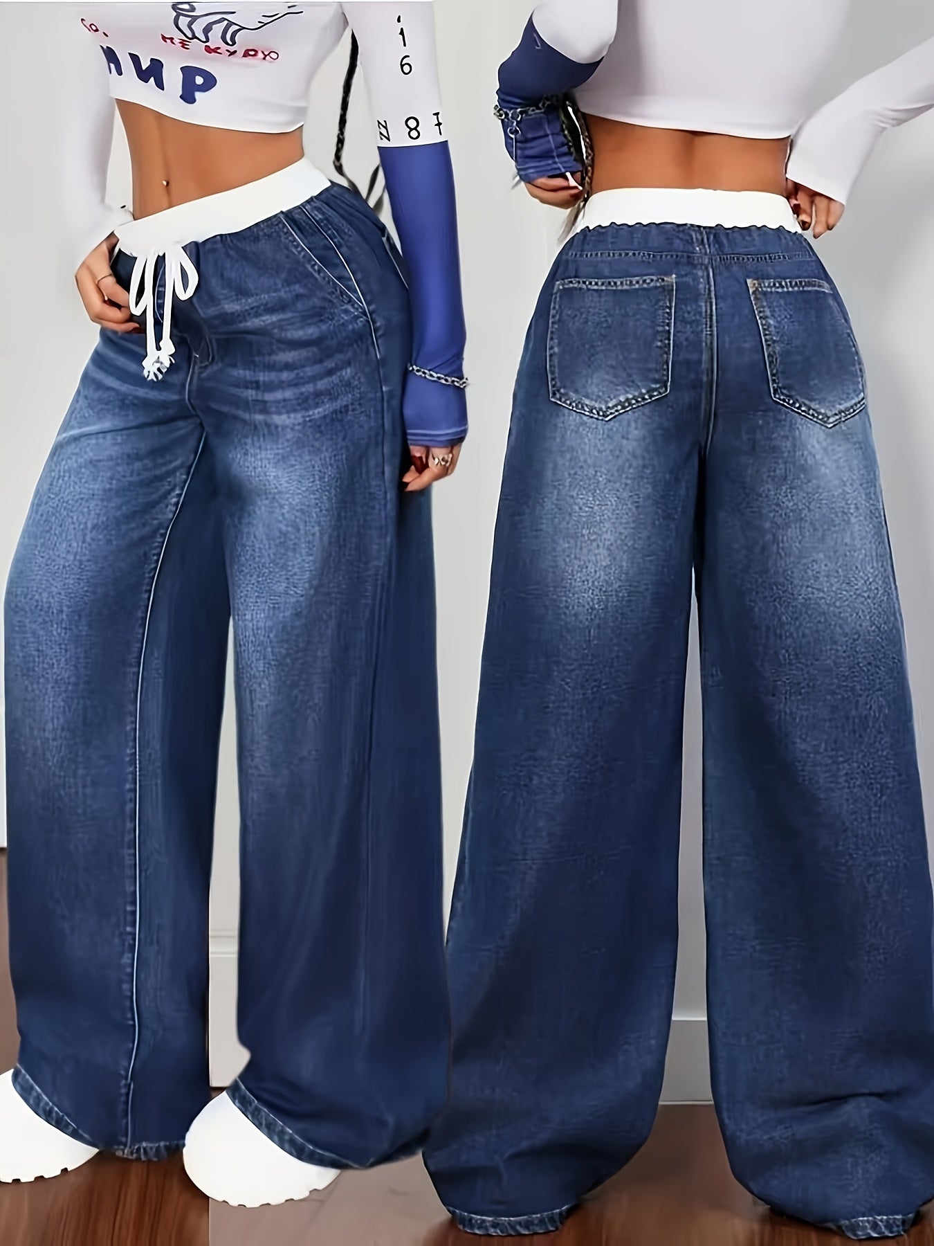 Pantalon Jean ample pour femmes, taille élastique avec cordon de serrage