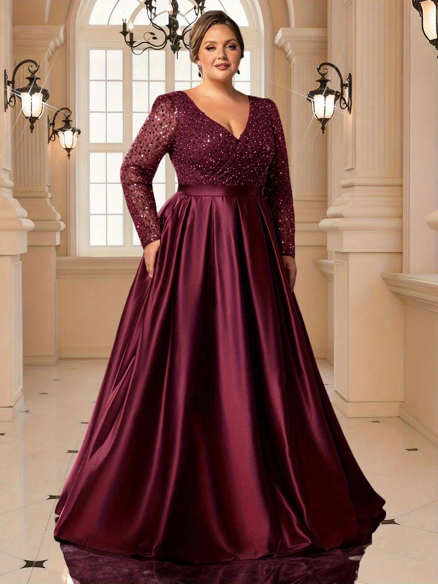 Robe de soirée en satin, col en V avec bordure en dentelle à paillettes ,