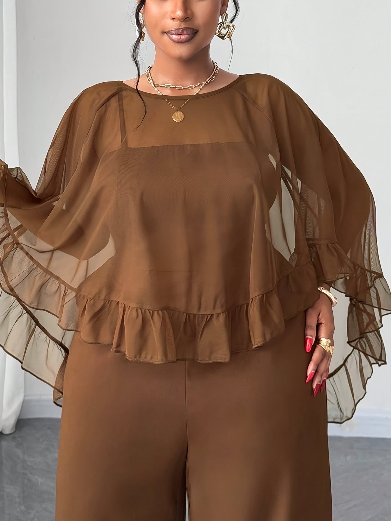 Combinaison marron grande taille femme, avec cardigan en voile