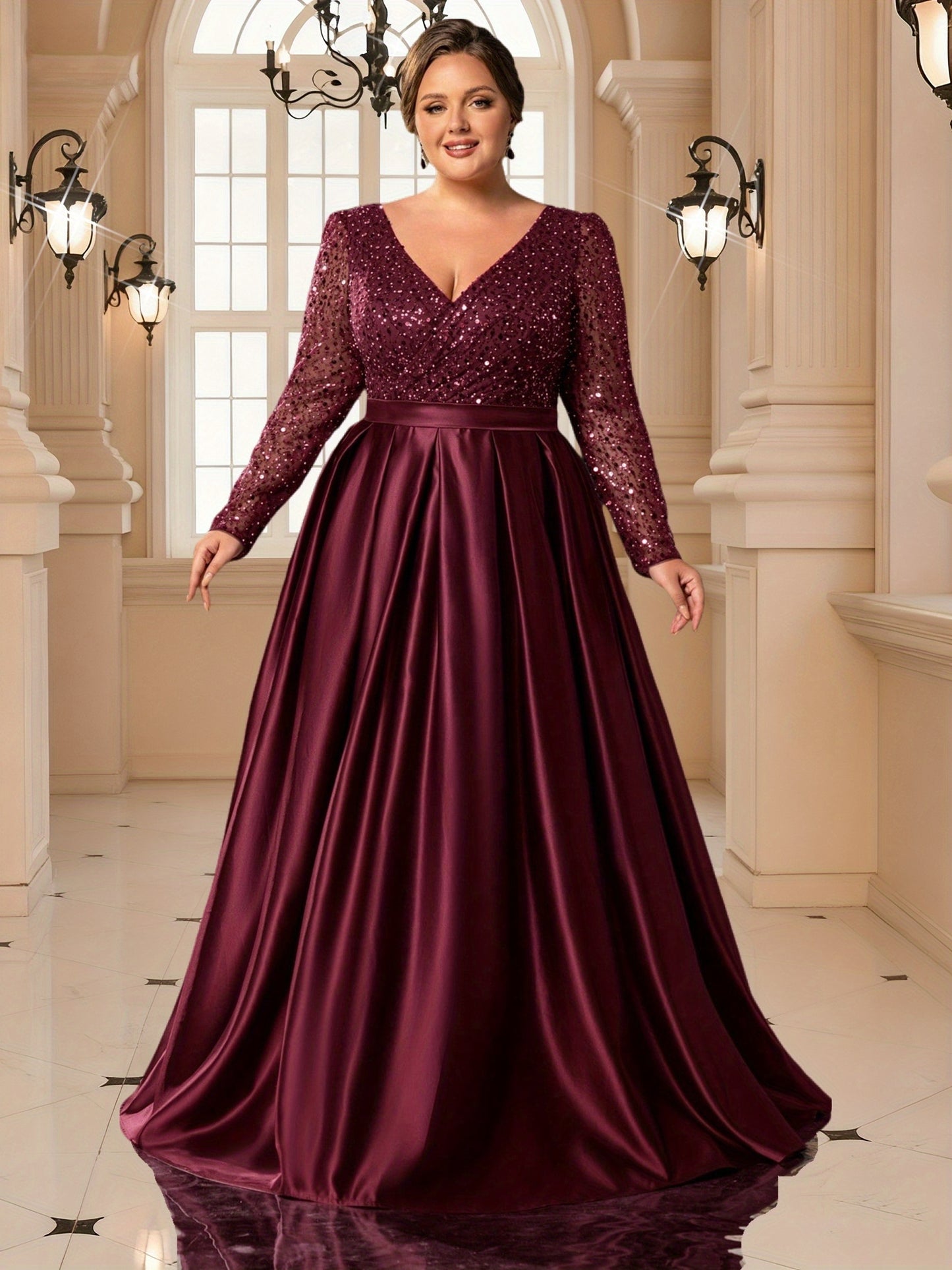 Robe de soirée en satin, col en V avec bordure en dentelle à paillettes ,