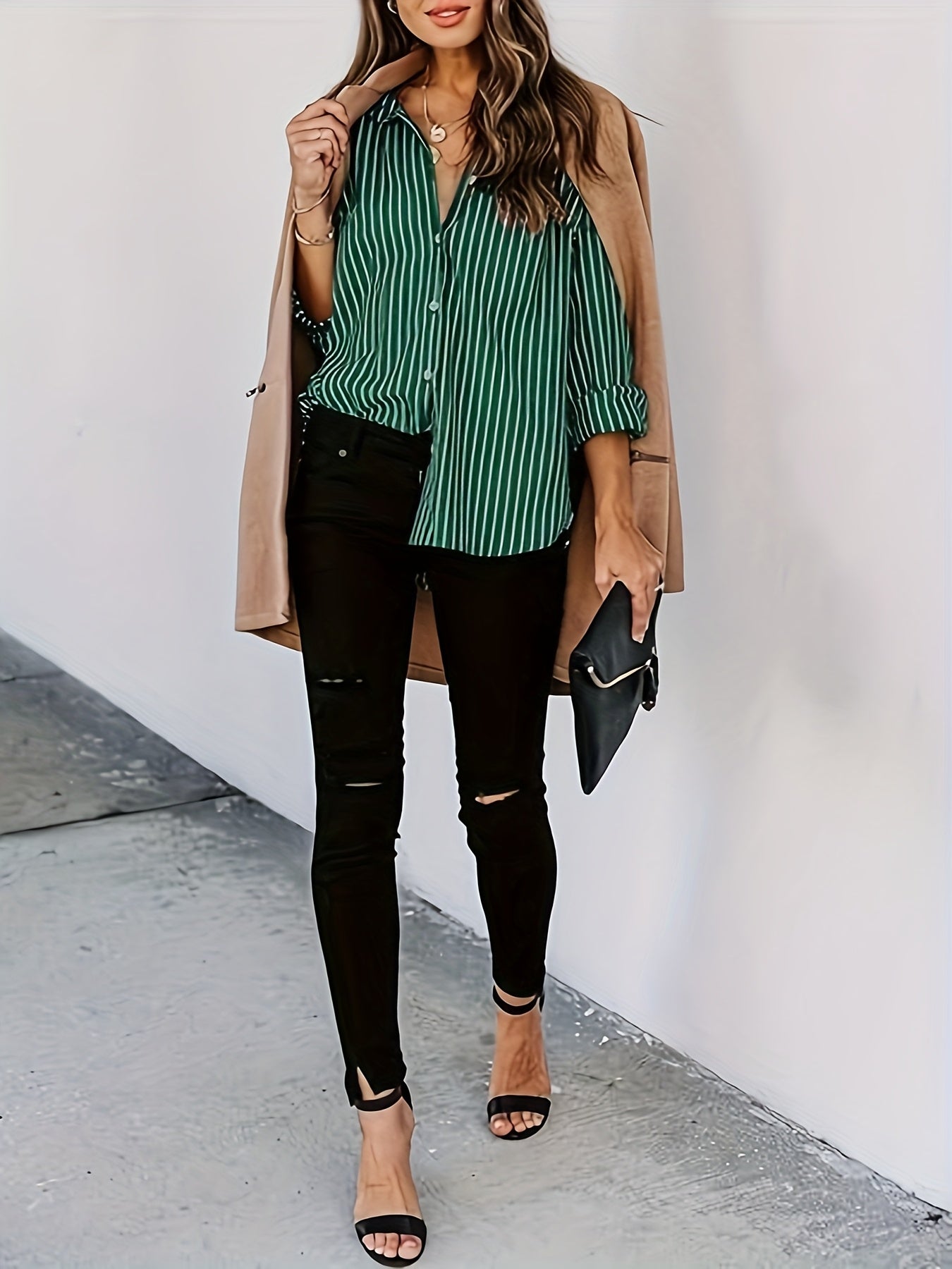 Chemise élégante à rayures pour femme ,manches Longues