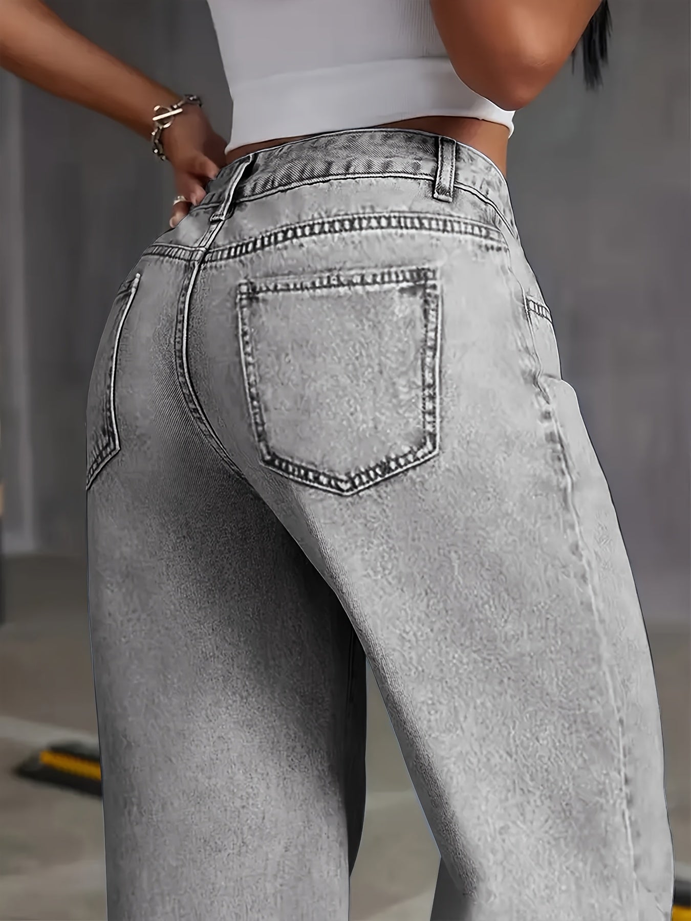 Jeans stretch jambes large avec Poches, en Denim Gris lavé.