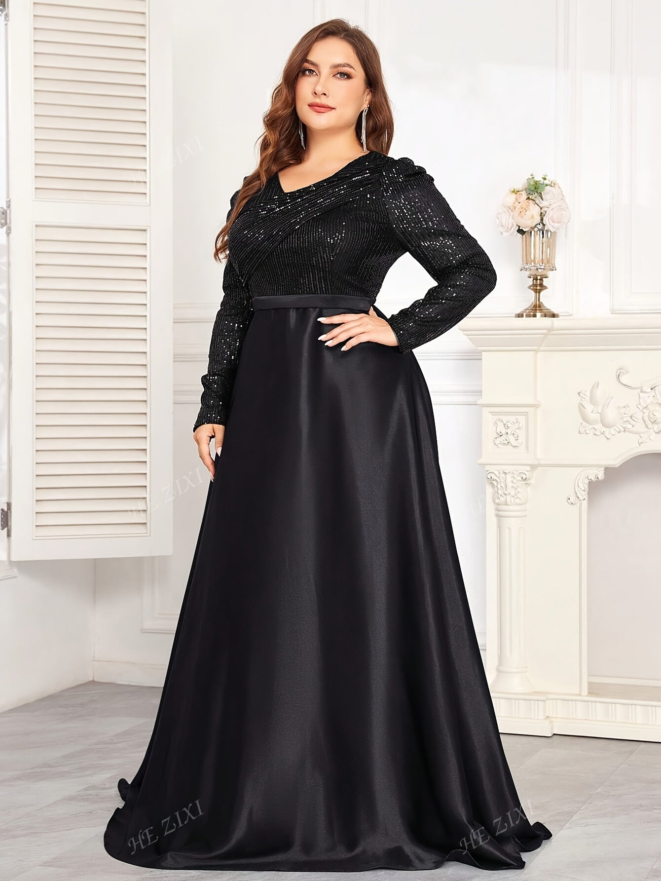 Robe de soirée col rond pour femme, grande taille, manches longues.