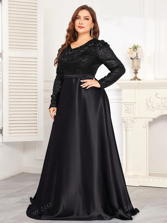 Robe de soirée col rond pour femme, grande taille, manches longues.