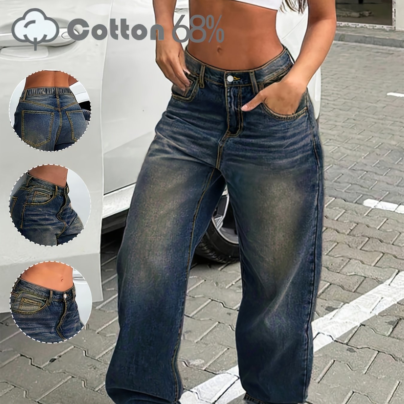 Jean délavée, taille haute et jambes larges pour femmes Gris ciment, coupe droite, tissu non extensible