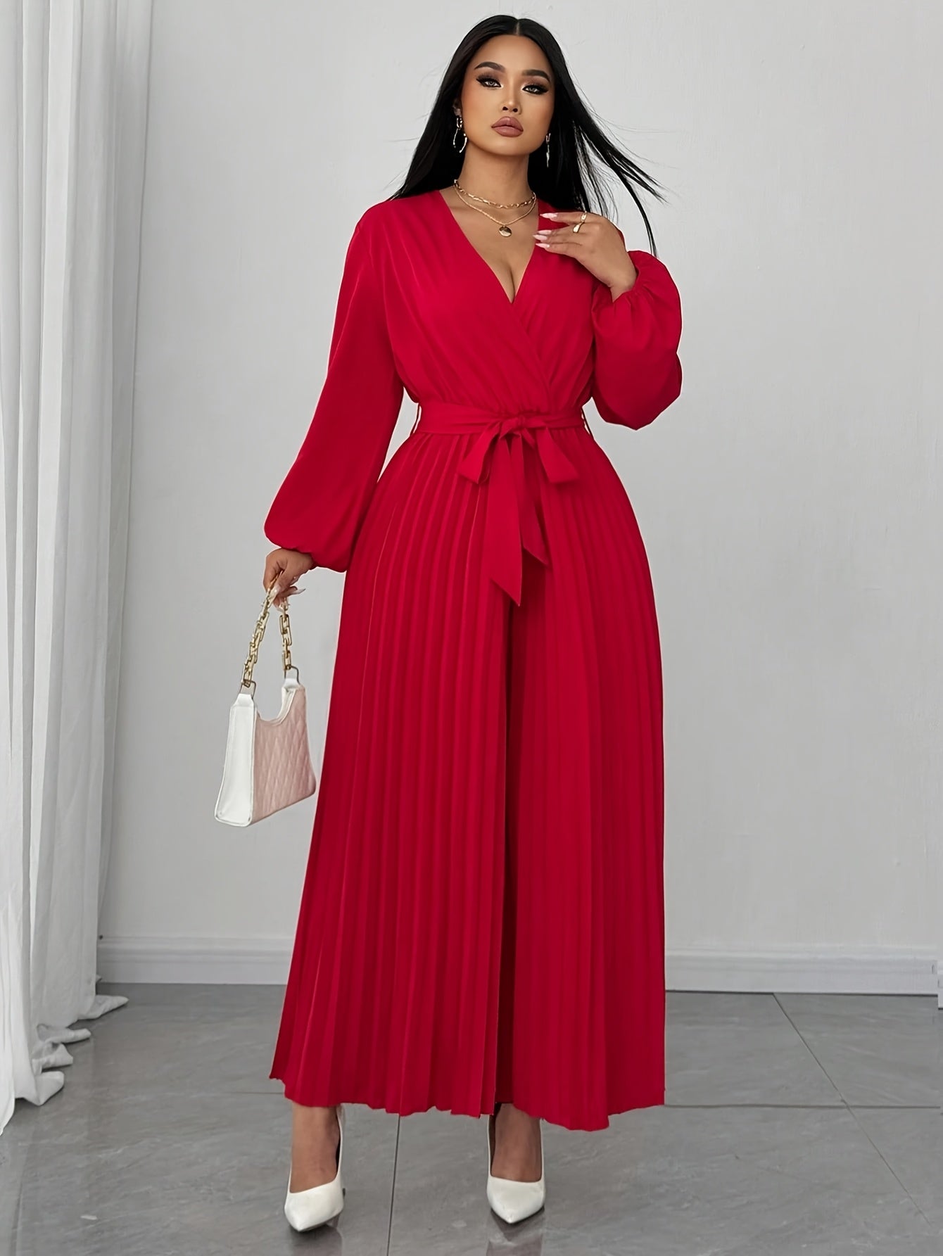 Combinaison femme grande taille , col V, manches longues, taille ajustable et pantalon plissé à Jambes Larges