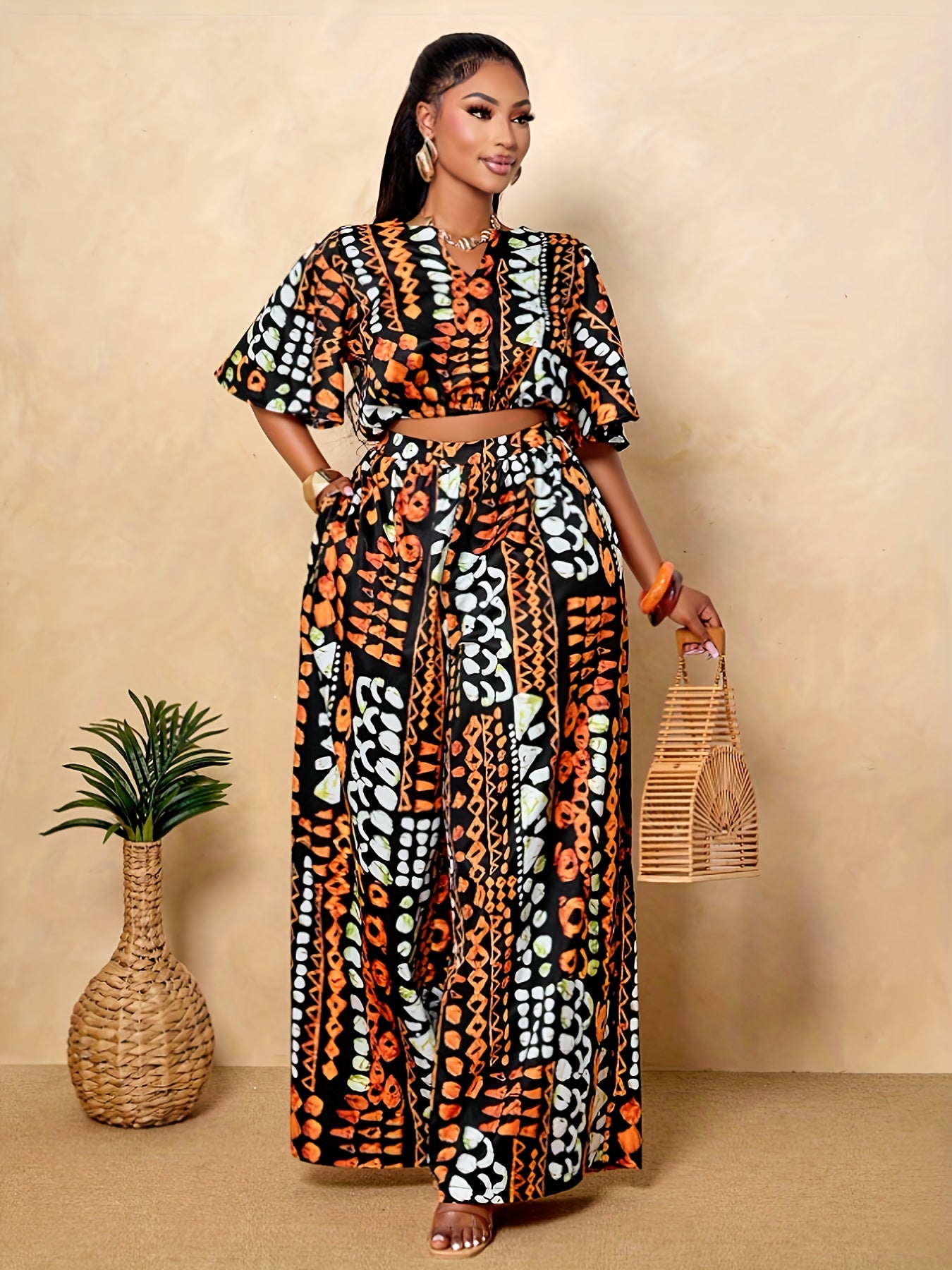 Ensemble 2 pièces grande taille pour femme : haut d'été imprimé tropical et col en V, pantalon à jambes larges et allongées