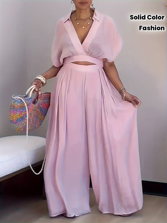 Ensemble pantalon tendance Femme Couleur unie ,haut manches courtes Ample