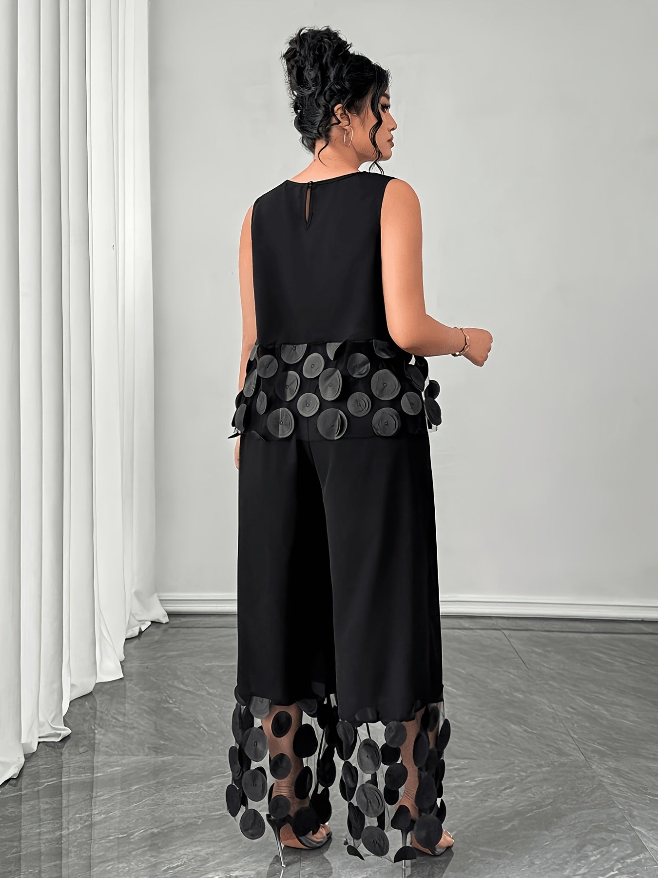 Ensemble 2 pièces grande taille pour femme : haut élégant sans manches à col rond de couleur unie + pantalon décontracté ample avec bordure en résille