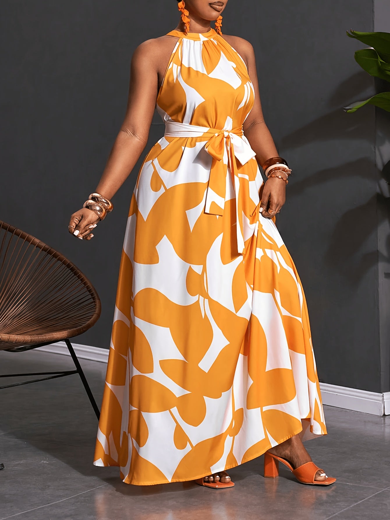Robe Longue Ample Imprimée Sans Manches Épaules Dénudées, Convient pour les Vacances, les Rendez-vous, la Photographie
