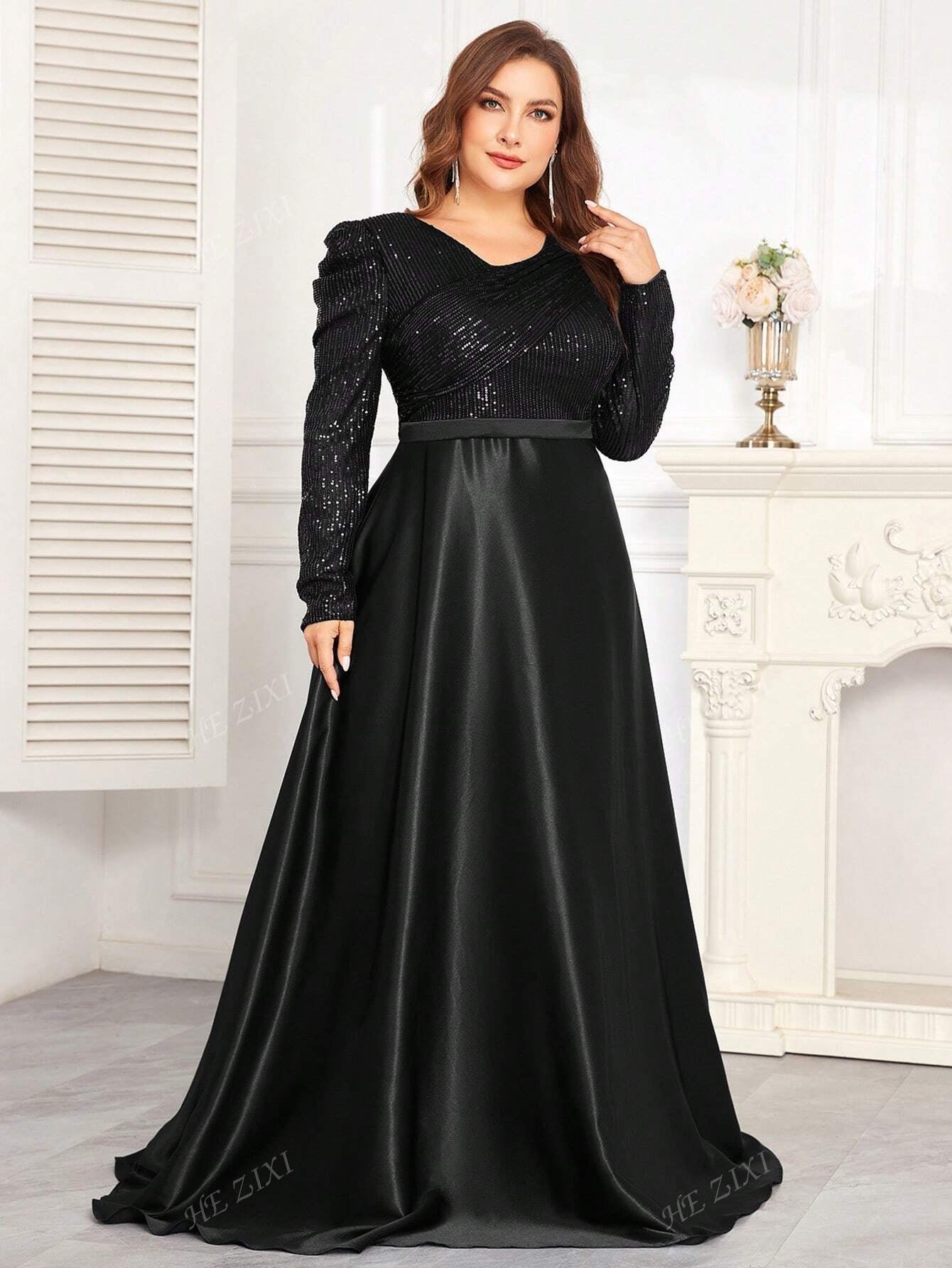 Robe de soirée col rond pour femme, grande taille, manches longues.