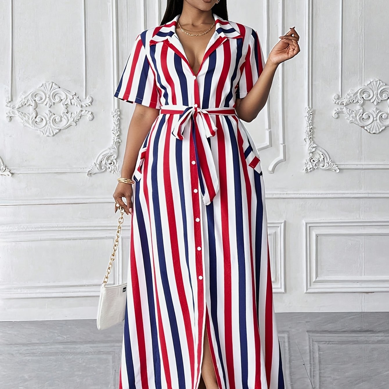 Robe-chemise à imprimé rayé pour femme, grande taille