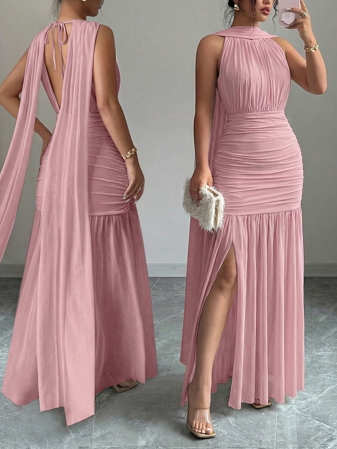 Robe moulante en mousseline élégante, couleur unie dos nu volants , bas fente haute - parfaite pour soirées, événements soir et mariages.