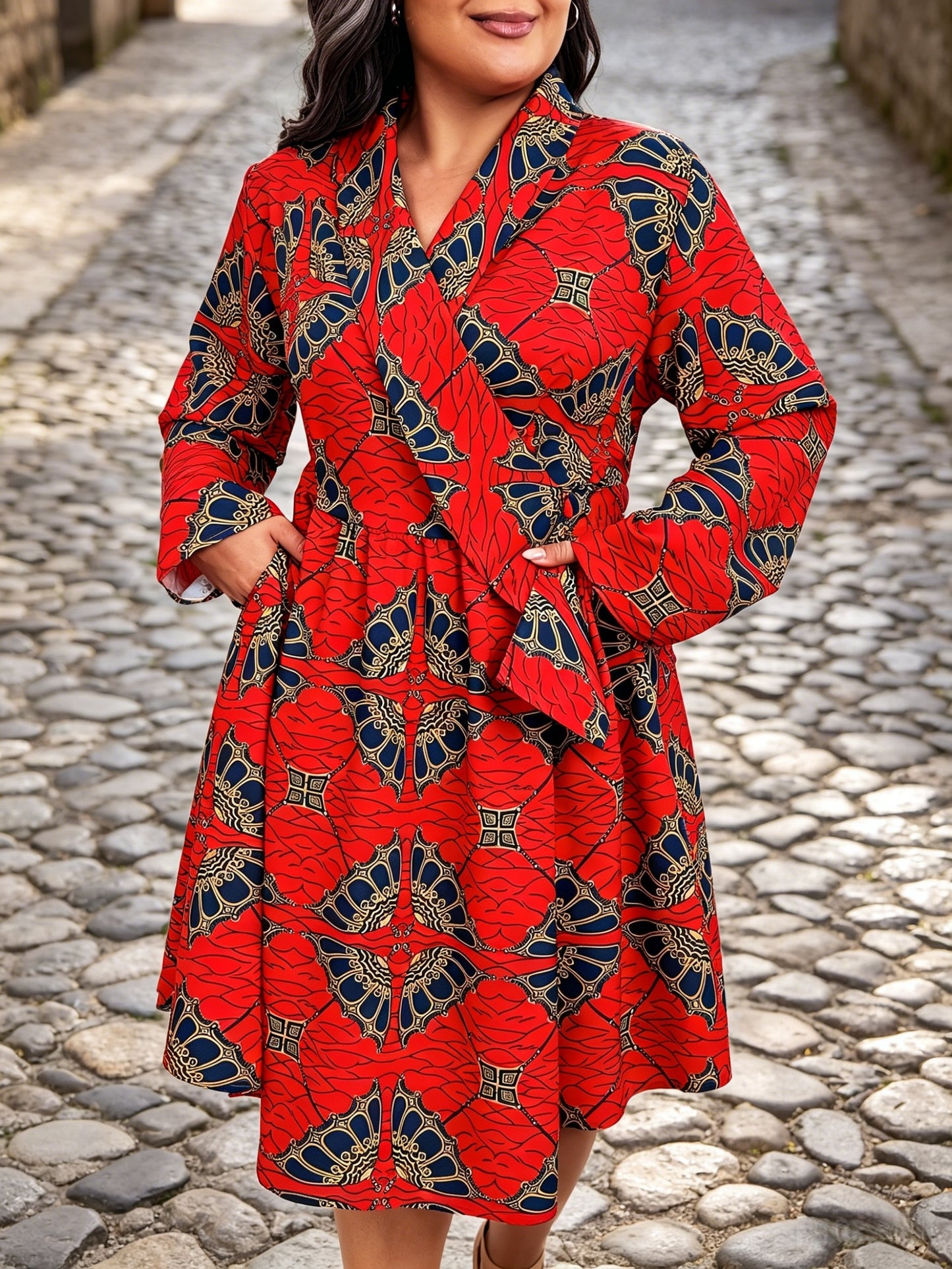 Robe Afro-Américaine Dashiki grande taille pour femme à imprimé cire - robe enveloppante à col en V et taille haute, manches longues