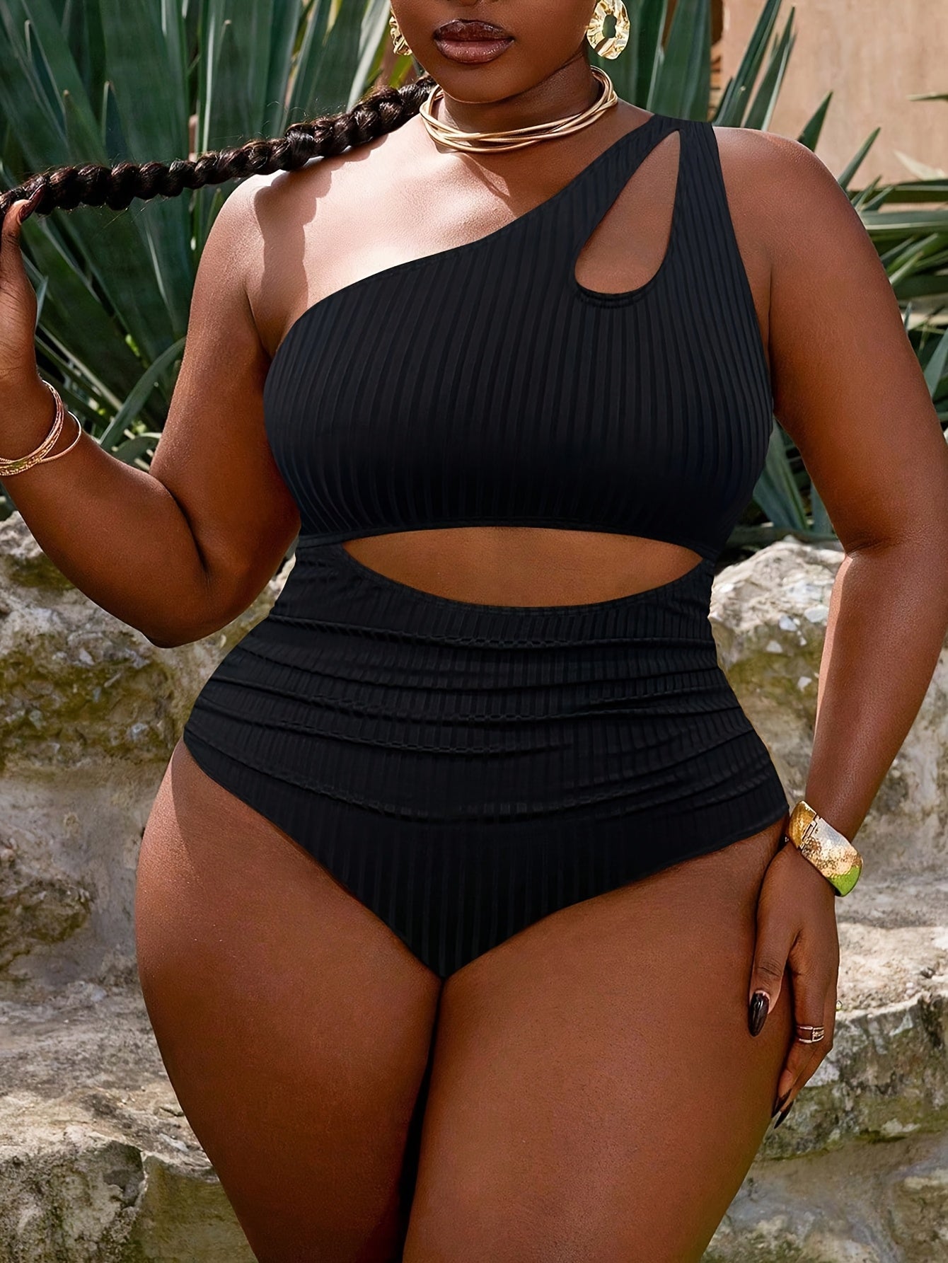 Nouveau maillot de bain noir grande taille à une épaule et ajouré