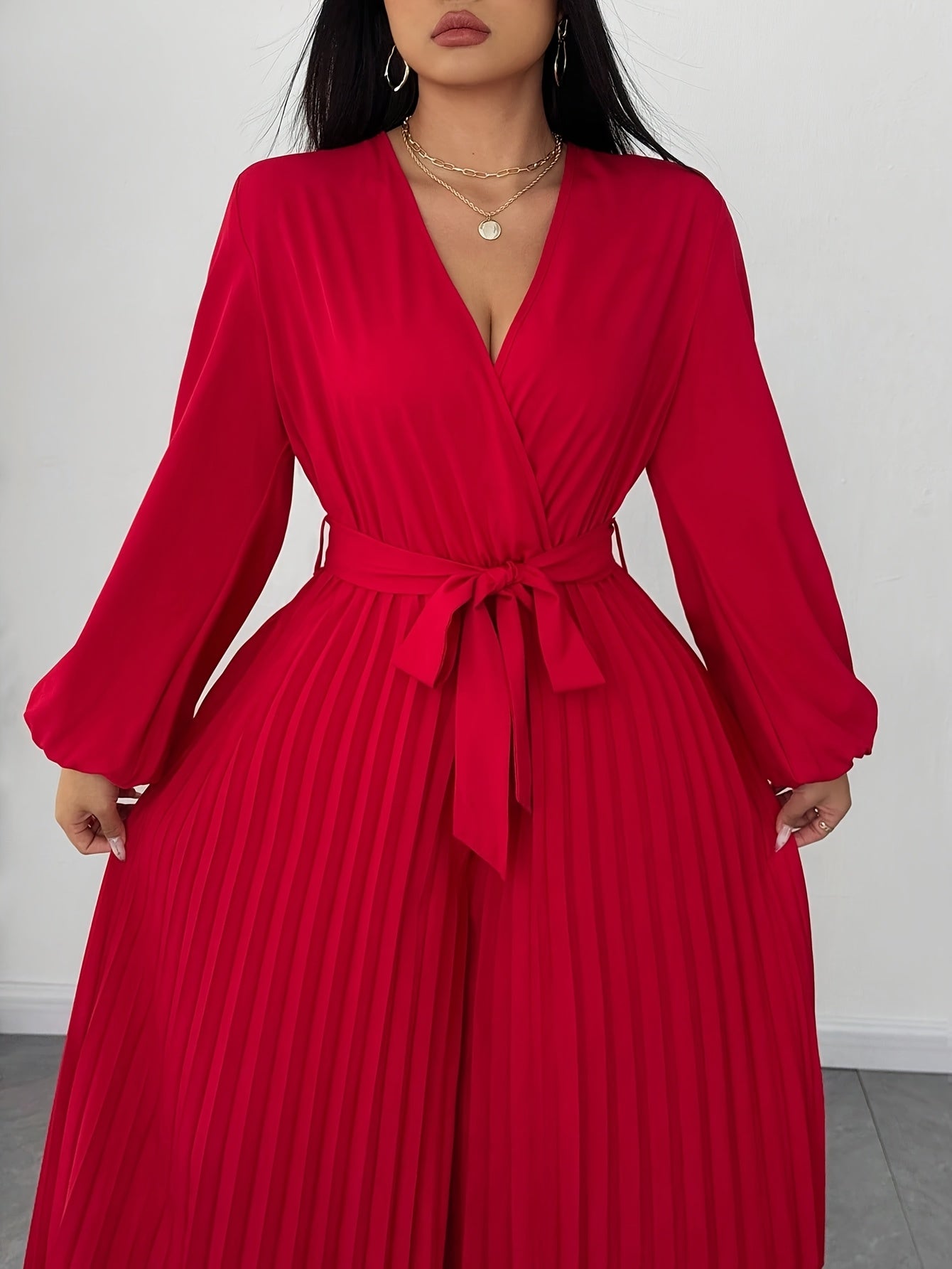 Combinaison femme grande taille , col V, manches longues, taille ajustable et pantalon plissé à Jambes Larges