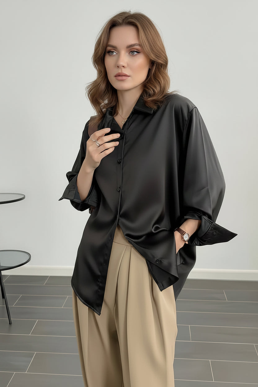 Chemise Décontractée en satin grande taille, pour femme ,à manches longues.