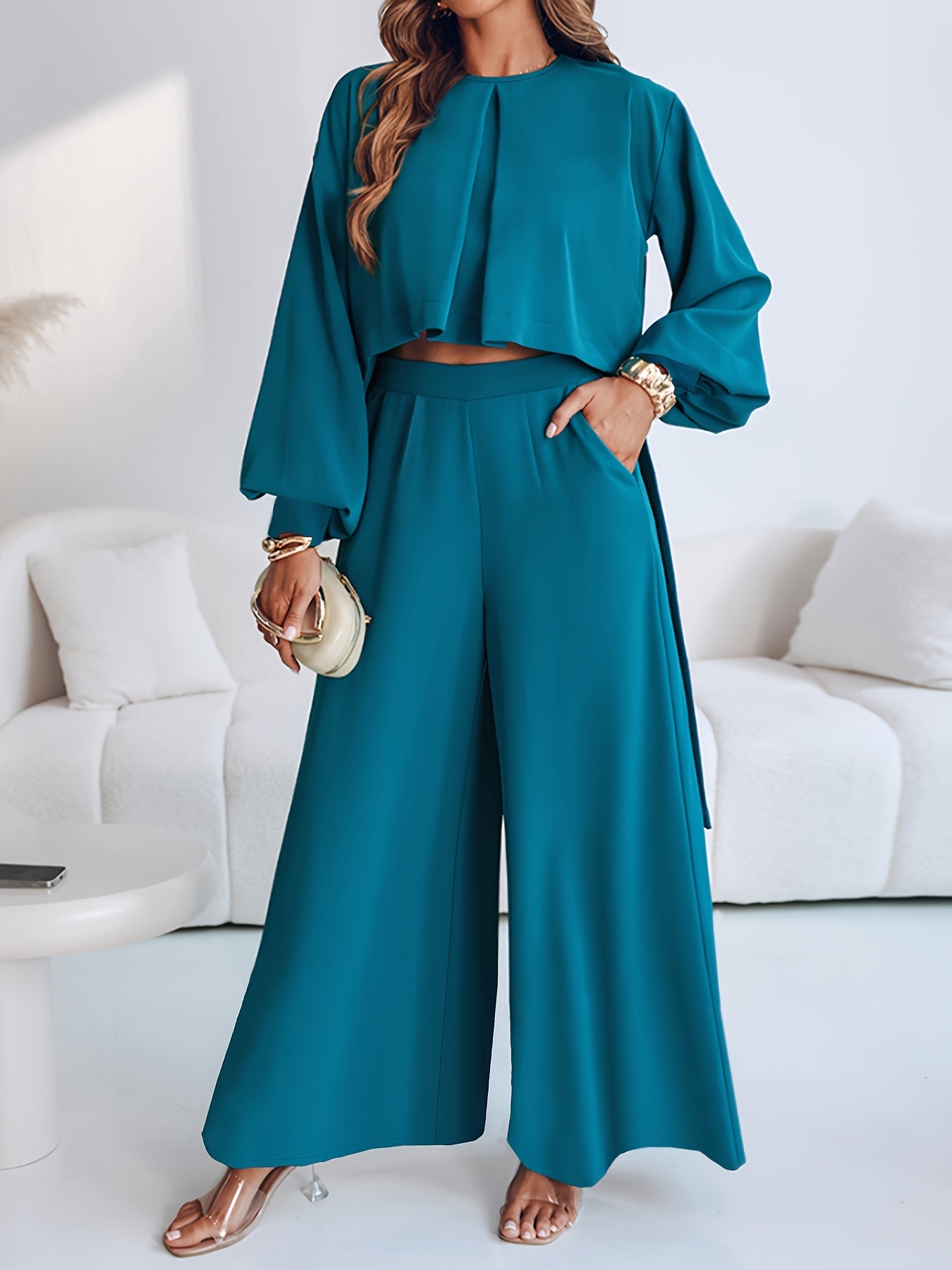 Ensemble Pantalon droit large, taille haute, haut évasé à manches longues bleu