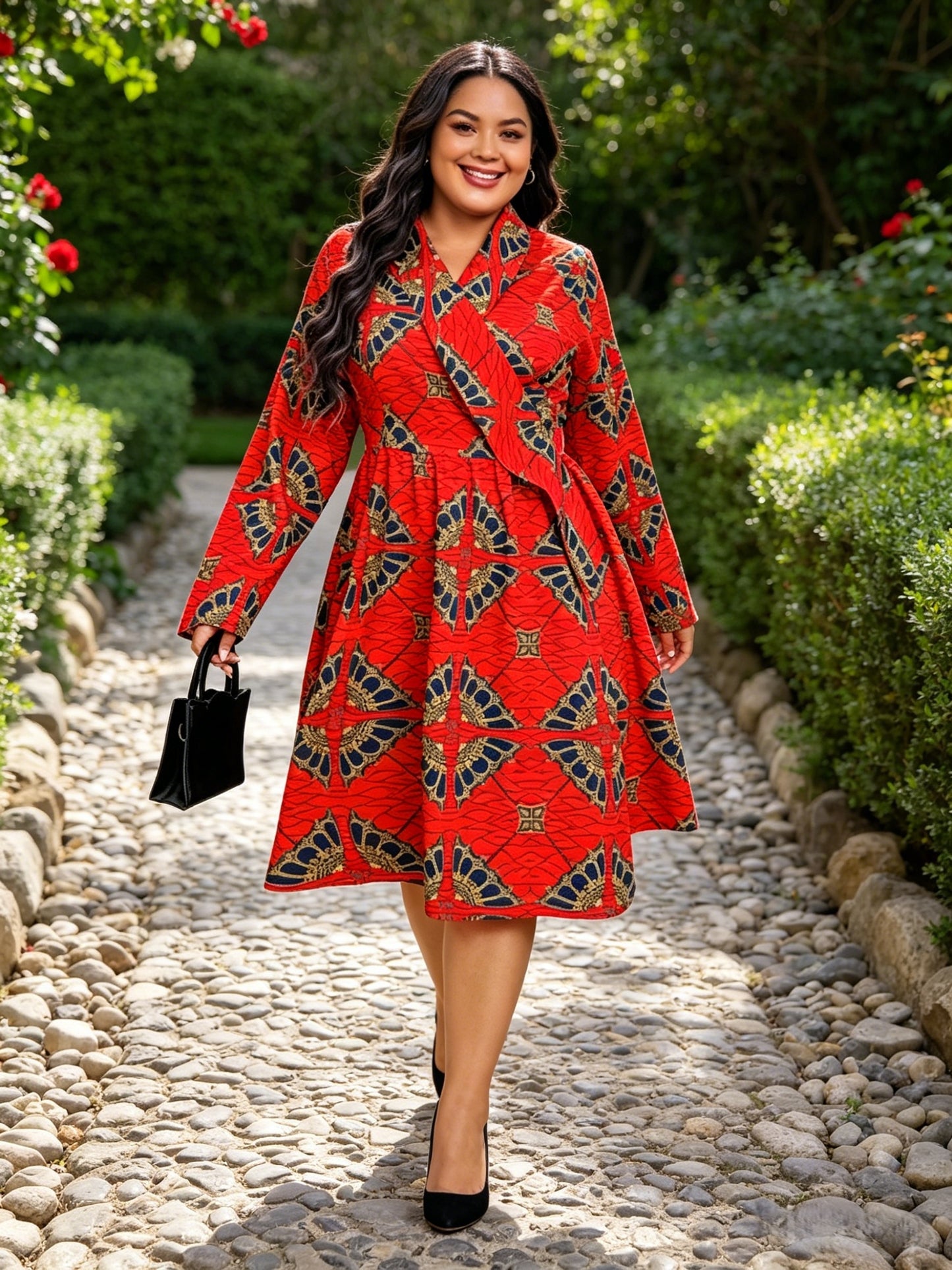 Robe Afro-Américaine Dashiki grande taille pour femme à imprimé cire - robe enveloppante à col en V et taille haute, manches longues