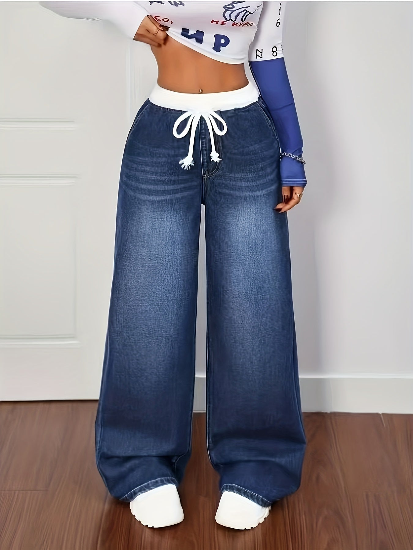 Pantalon Jean ample pour femmes, taille élastique avec cordon de serrage