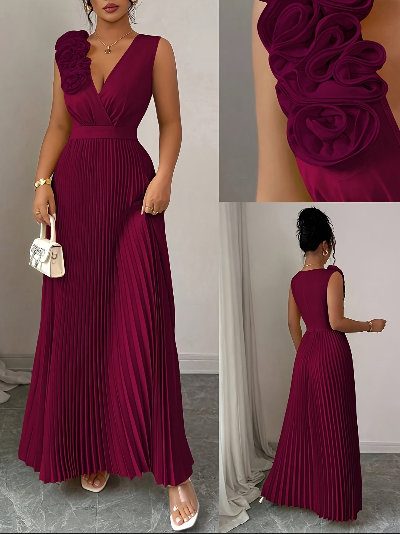Robe plissée ,à Col en V, Taille Cintrée, et Florale, Coupe Trapèze