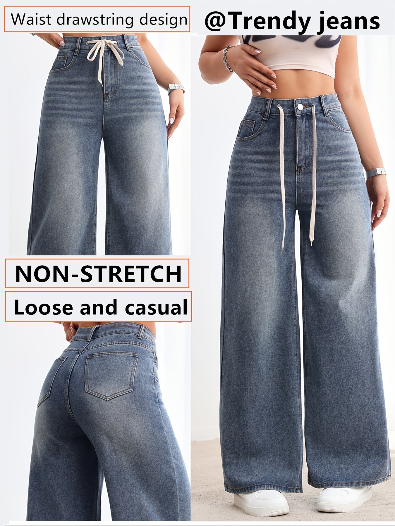 Pantalon en jean pour femme, taille haute et jambes larges ,effet délavé avec cordon de serrage à la taille (Disponible en plusieurs tailles de XS à XXL)